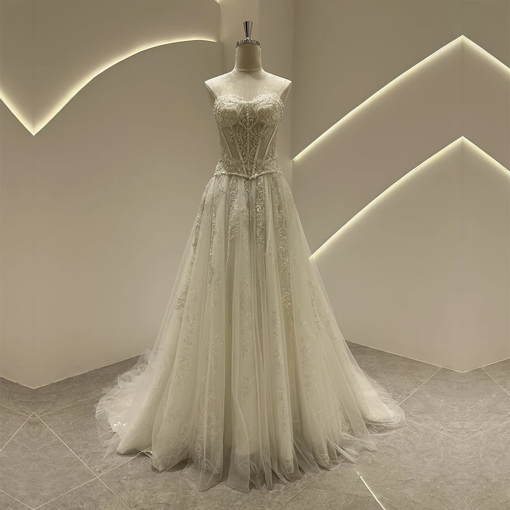 SL-9525 Customized SuLi Romantic Strapless Bride Wedding Dress Lace Appliques Beading Bohemian See Through Beach Bridal Gown