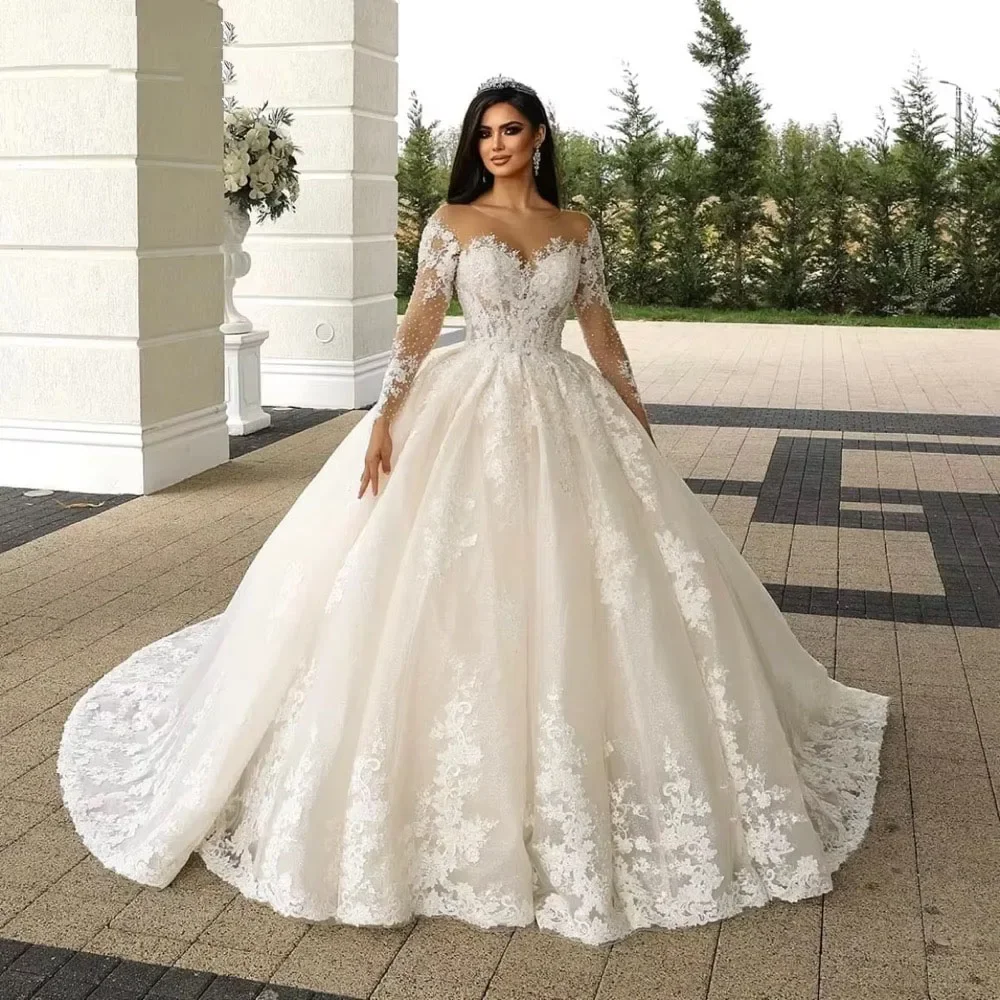 Customized 2026 Illusion Neck Church Wedding Dress Long Sleeve Robe Lace Beading Bride Dress Ball Gown Women Vestidos De Novia