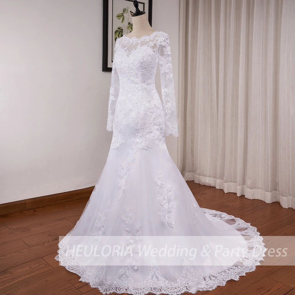 Mermaid Wedding Dresses Long Sleeve O Neck White Wedding Dress Lace Applique Beading Bride Dress Robe De Mariage Customized