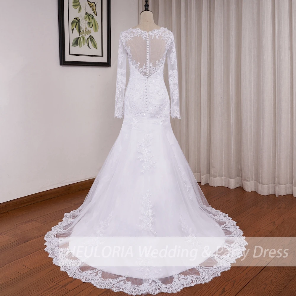 Mermaid Wedding Dresses Long Sleeve O Neck White Wedding Dress Lace Applique Beading Bride Dress Robe De Mariage Customized