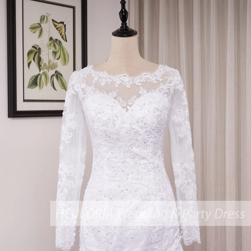 Mermaid Wedding Dresses Long Sleeve O Neck White Wedding Dress Lace Applique Beading Bride Dress Robe De Mariage Customized