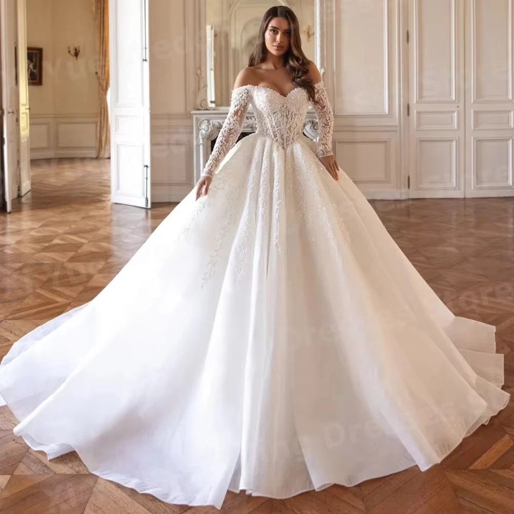 Glitter A Line Women's Lace Appliques Wedding Dresses Vestido De Novia Bride Gowns Off The Shoulder Customized Robe De Mariée