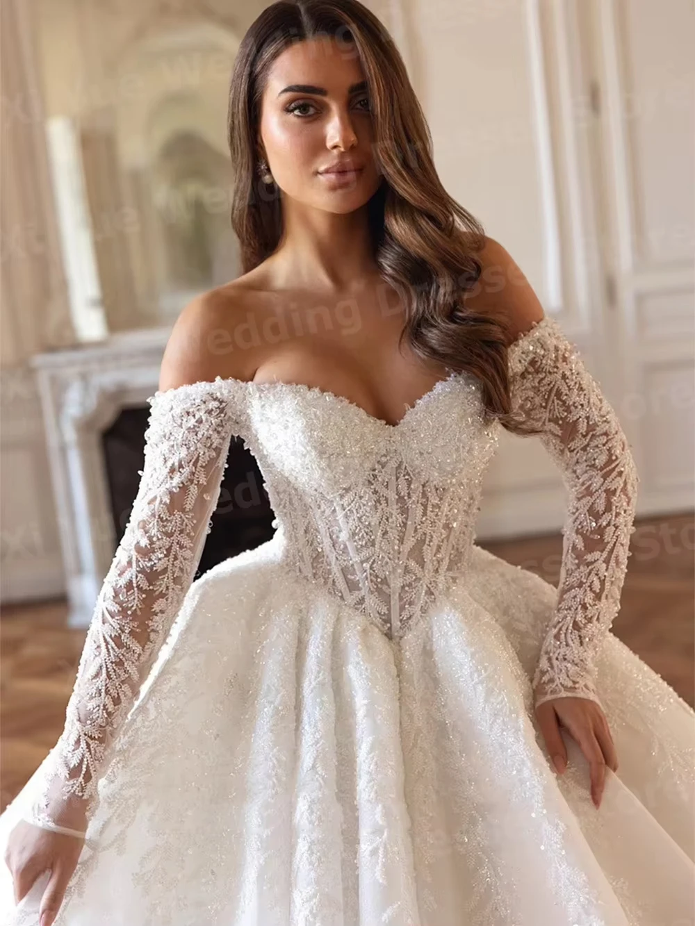 Glitter A Line Women's Lace Appliques Wedding Dresses Vestido De Novia Bride Gowns Off The Shoulder Customized Robe De Mariée