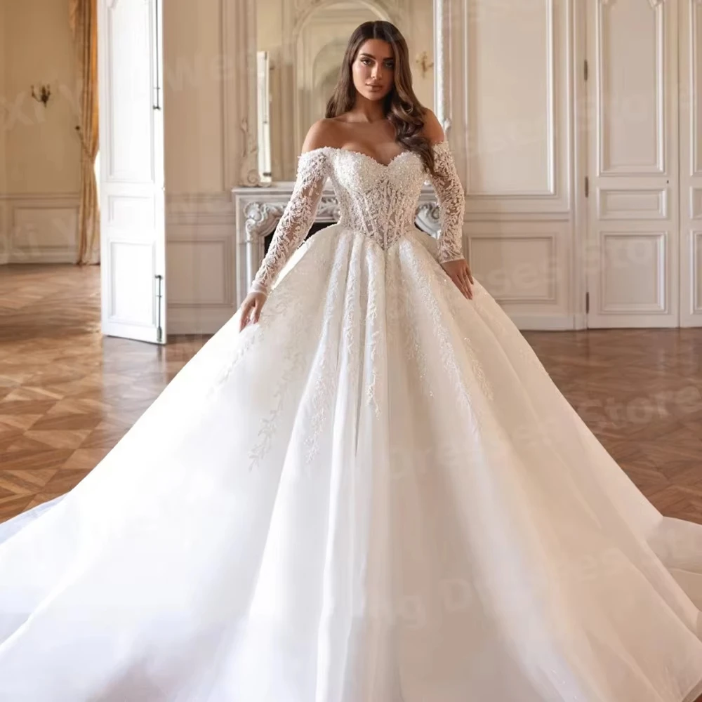 Glitter A Line Women's Lace Appliques Wedding Dresses Vestido De Novia Bride Gowns Off The Shoulder Customized Robe De Mariée