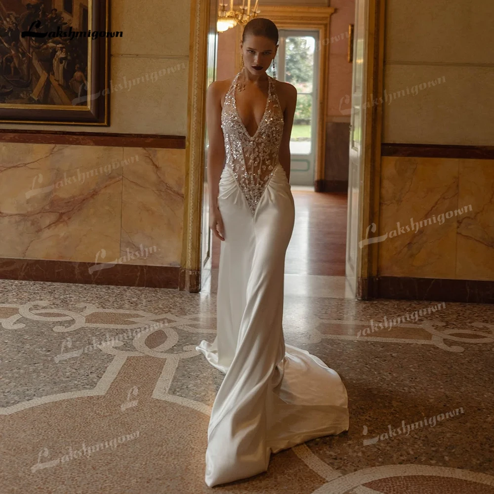 Luxurious Mermaid Wedding Dress Glossy Satin Bridal Gown Halter Deep V Backless Beaded Sheer Bodice Wedding Gowns Customized