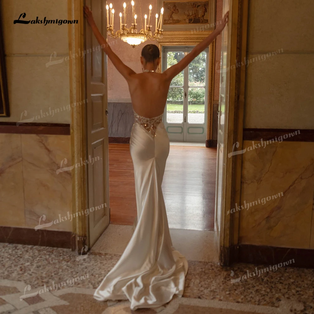 Luxurious Mermaid Wedding Dress Glossy Satin Bridal Gown Halter Deep V Backless Beaded Sheer Bodice Wedding Gowns Customized