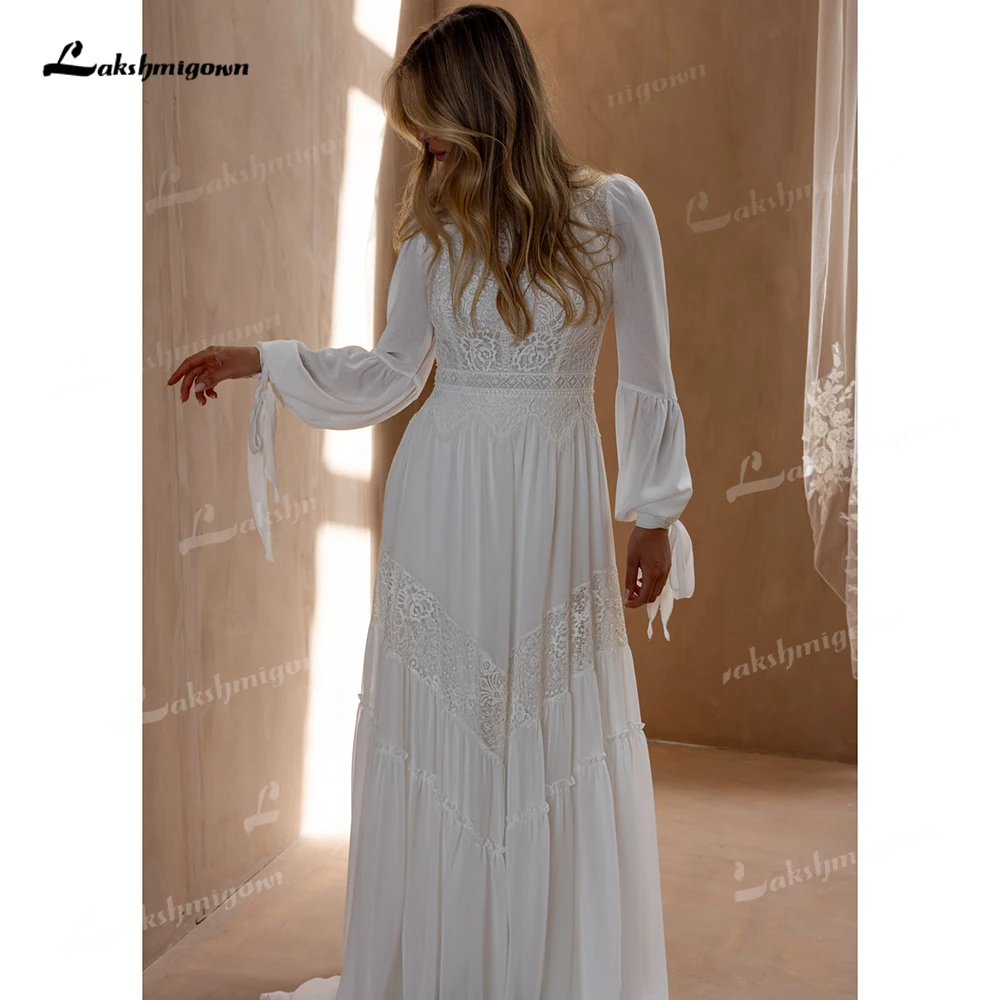 Lakshmigown Long Sleeve Boho A-Line Wedding Dress 2027 O-Neck Sweep Train Cut-Out Lace Bridal Gown Vestido Femininos Customized