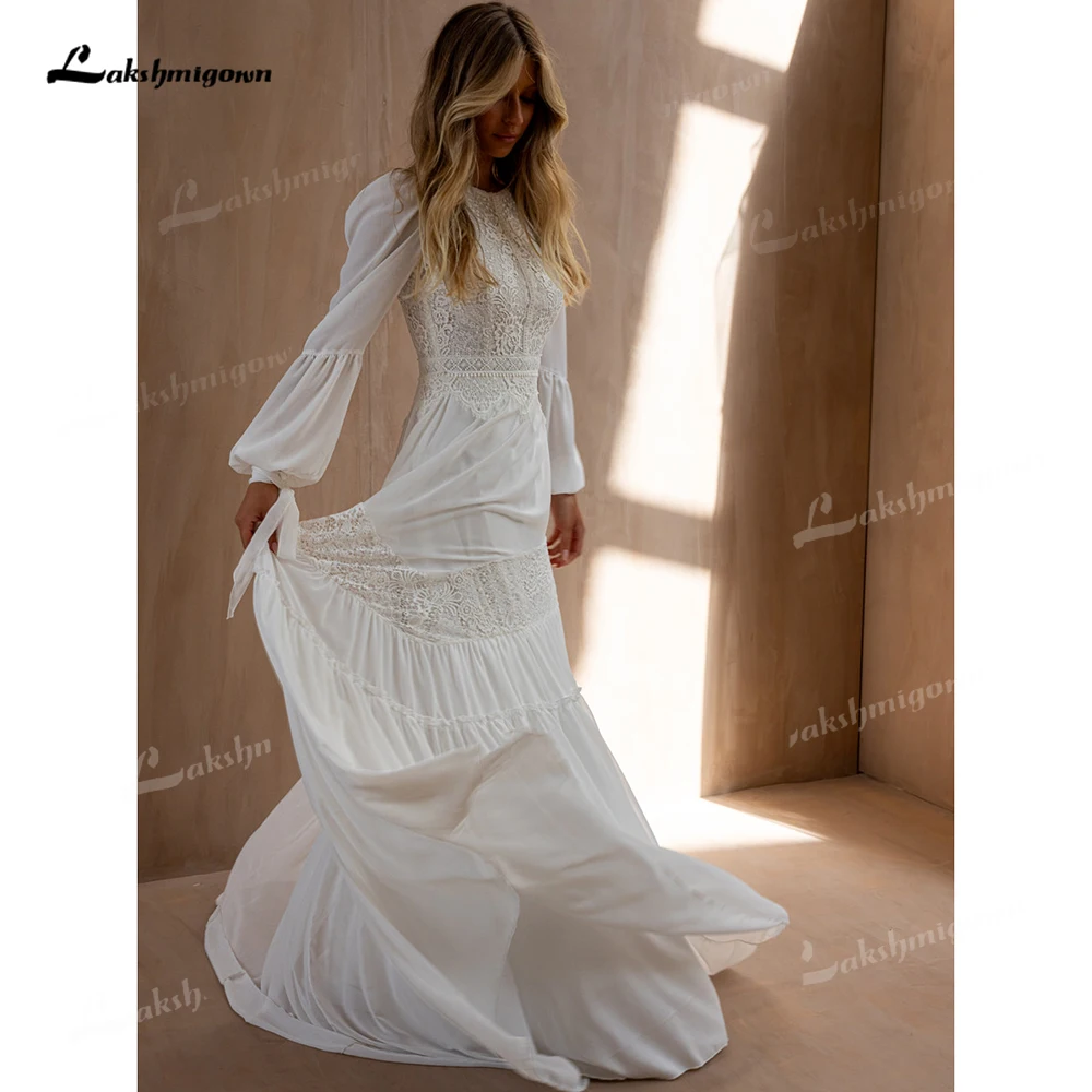 Lakshmigown Long Sleeve Boho A-Line Wedding Dress 2027 O-Neck Sweep Train Cut-Out Lace Bridal Gown Vestido Femininos Customized