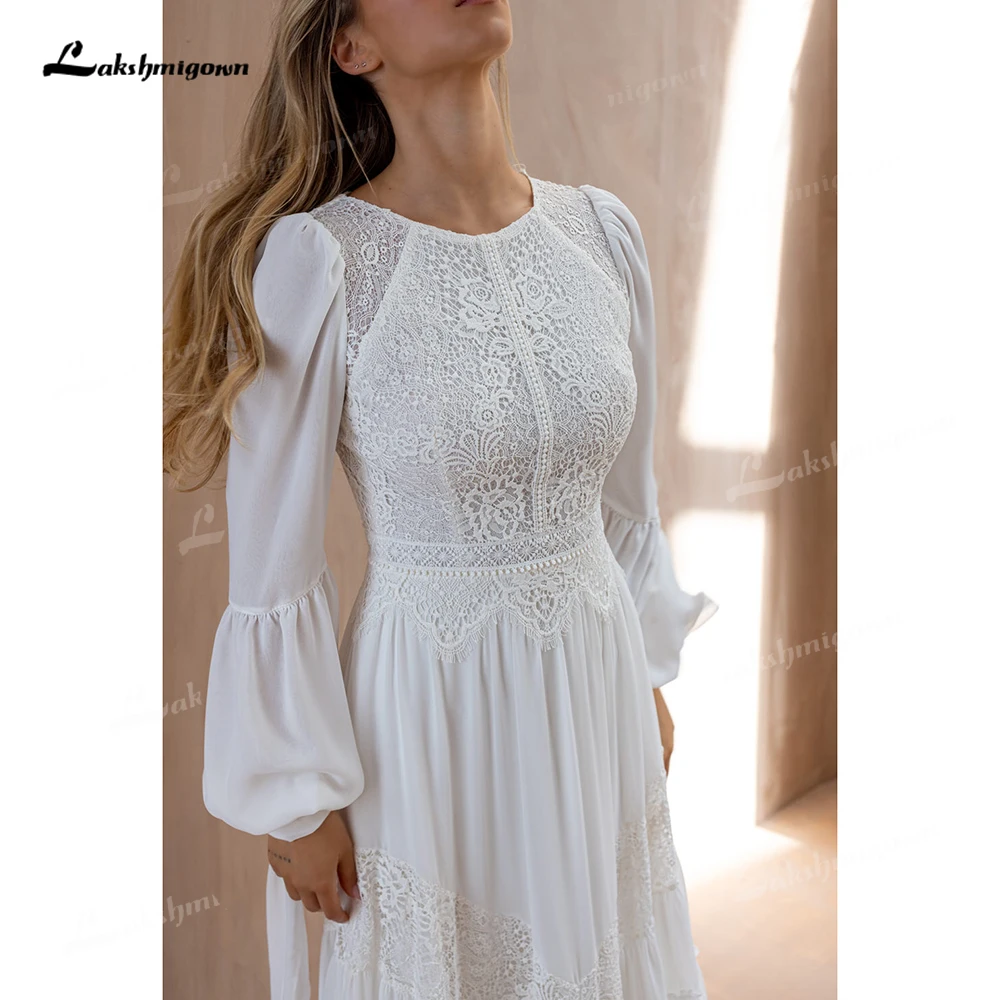 Lakshmigown Long Sleeve Boho A-Line Wedding Dress 2027 O-Neck Sweep Train Cut-Out Lace Bridal Gown Vestido Femininos Customized