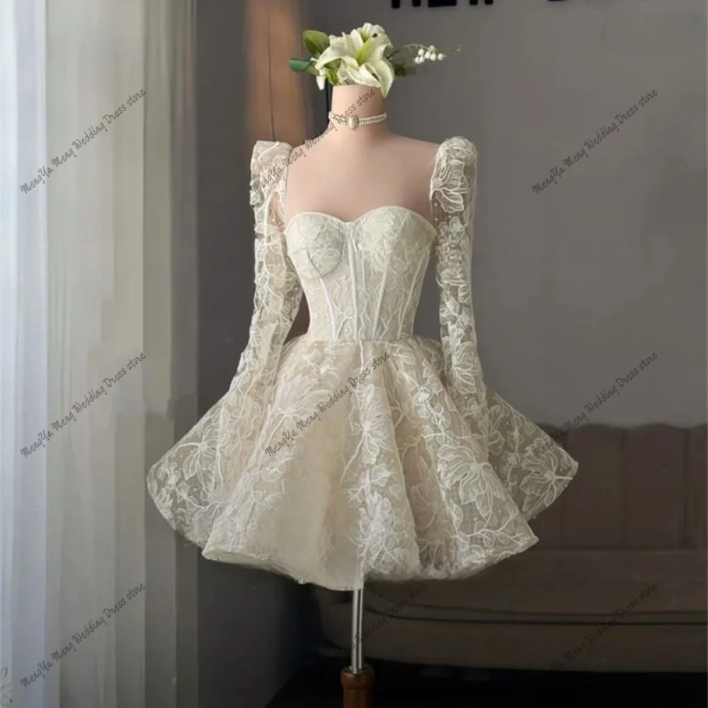 Elegant Princess Mini Wedding Dress Long Sleeve Lace Flower Bridal Gowns Ball A Line Lace Up Short Bride Dresses Customized