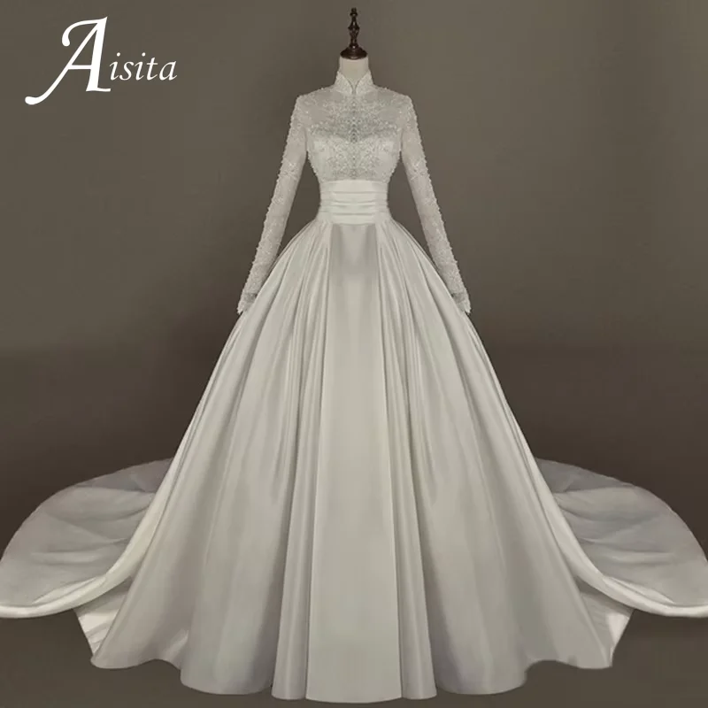 A-Line Satin High Neck Long Sleeves 2025 A Line Bridal Gown Appliques Bride Dress Vintage Princess Bridal Gown Customized