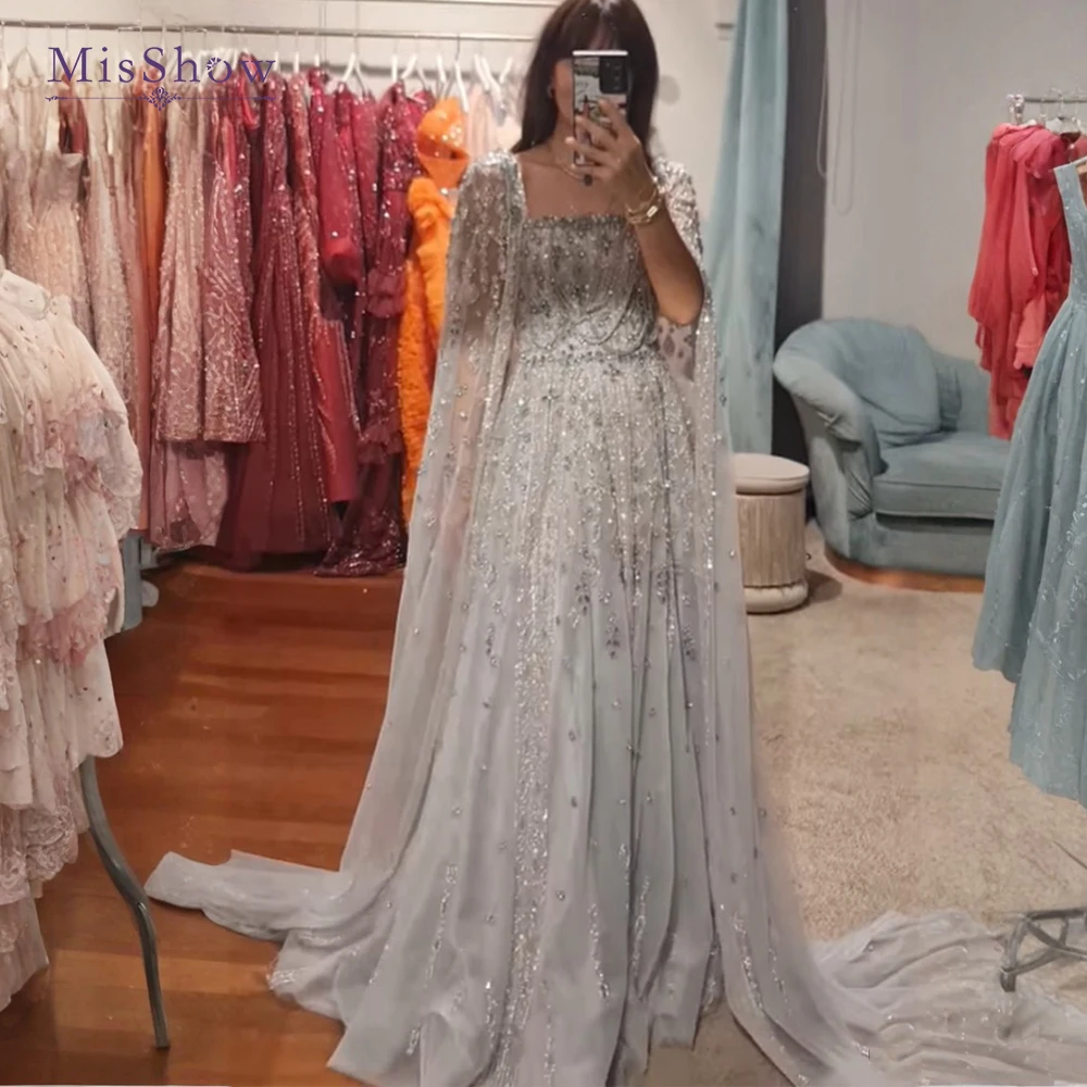 MisShow Customized Silver Gray Wedding Dress - Square Neckline with Crystal Beading, Sheer Cape Sleeves & Sparkling A Line Skirt