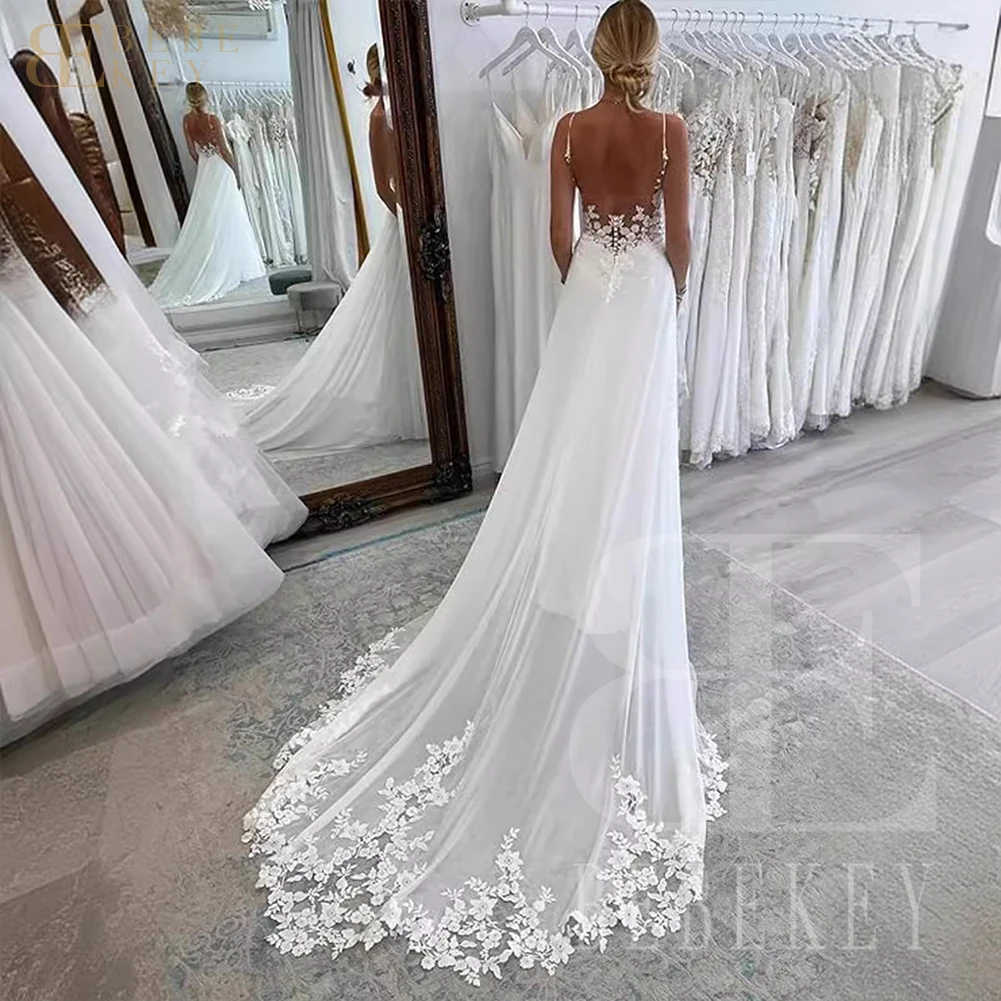 BEBEKEY Customized Elegant Lace Wedding Dress Appliques Wedding Party Gown A-Line Bridal Dresses Backless Formal Gowns Robe