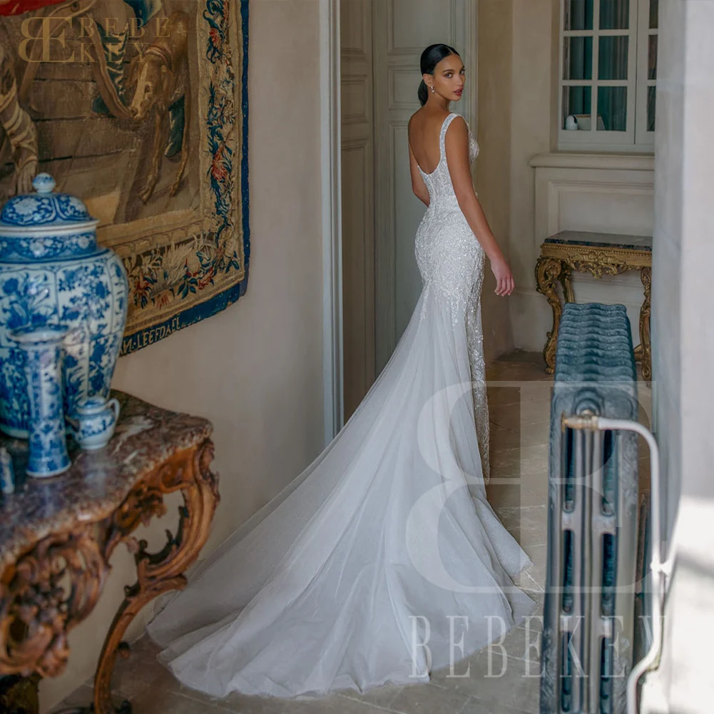 BEBEKEY Elegant Lace Wedding Dress With DetachableTrain Mermaid Wedding Party Gown Customized Bridal Dresses Formal Gowns