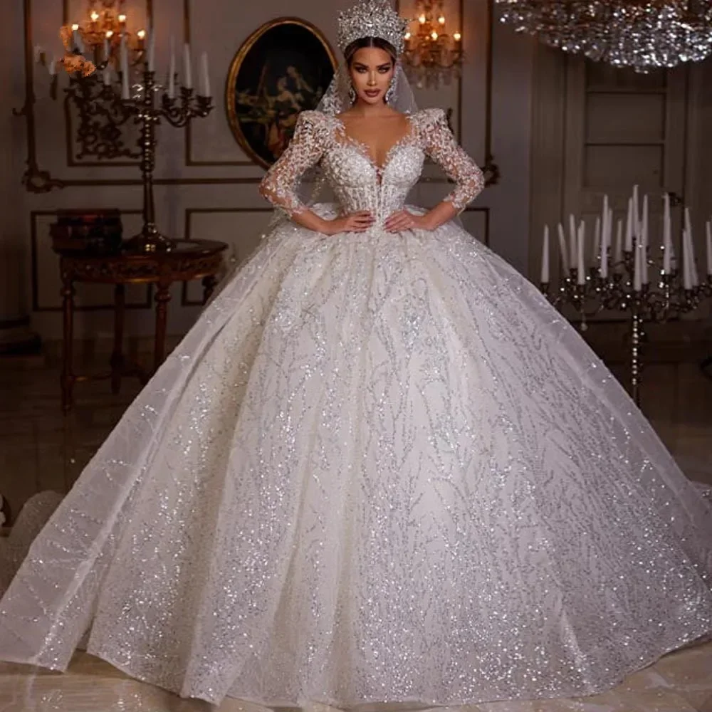 Customized Ball Gown Sparkly Wedding Dresses Long Sleeve Robe Lace Beaded Princess Glitter Vestido De Novia