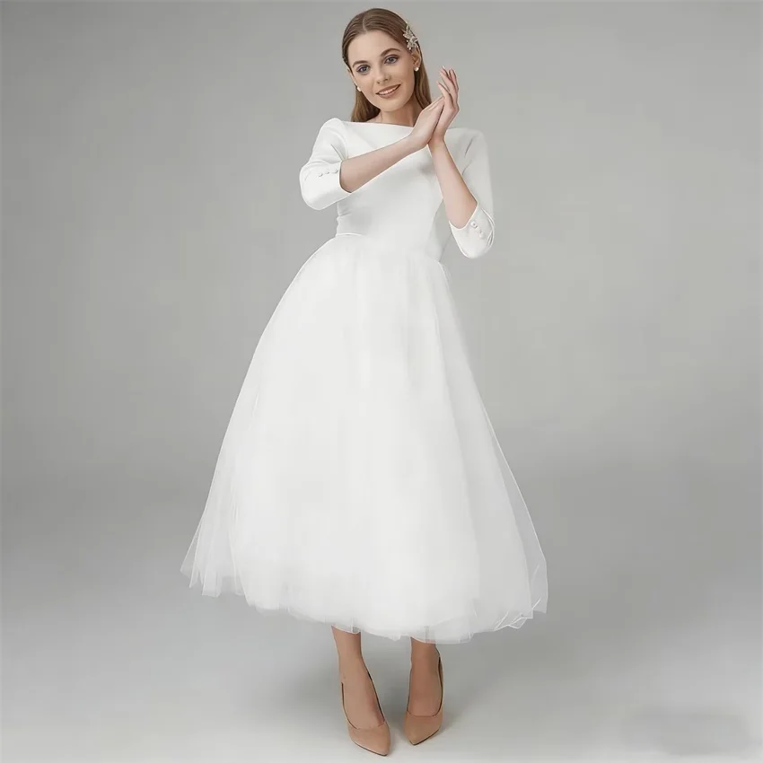 Customized Boho Simple Satin Midi Wedding Dresses for Bride Tea Length 3/4 Sleeves Short Bridal Gowns A Line Vestido De Noiva