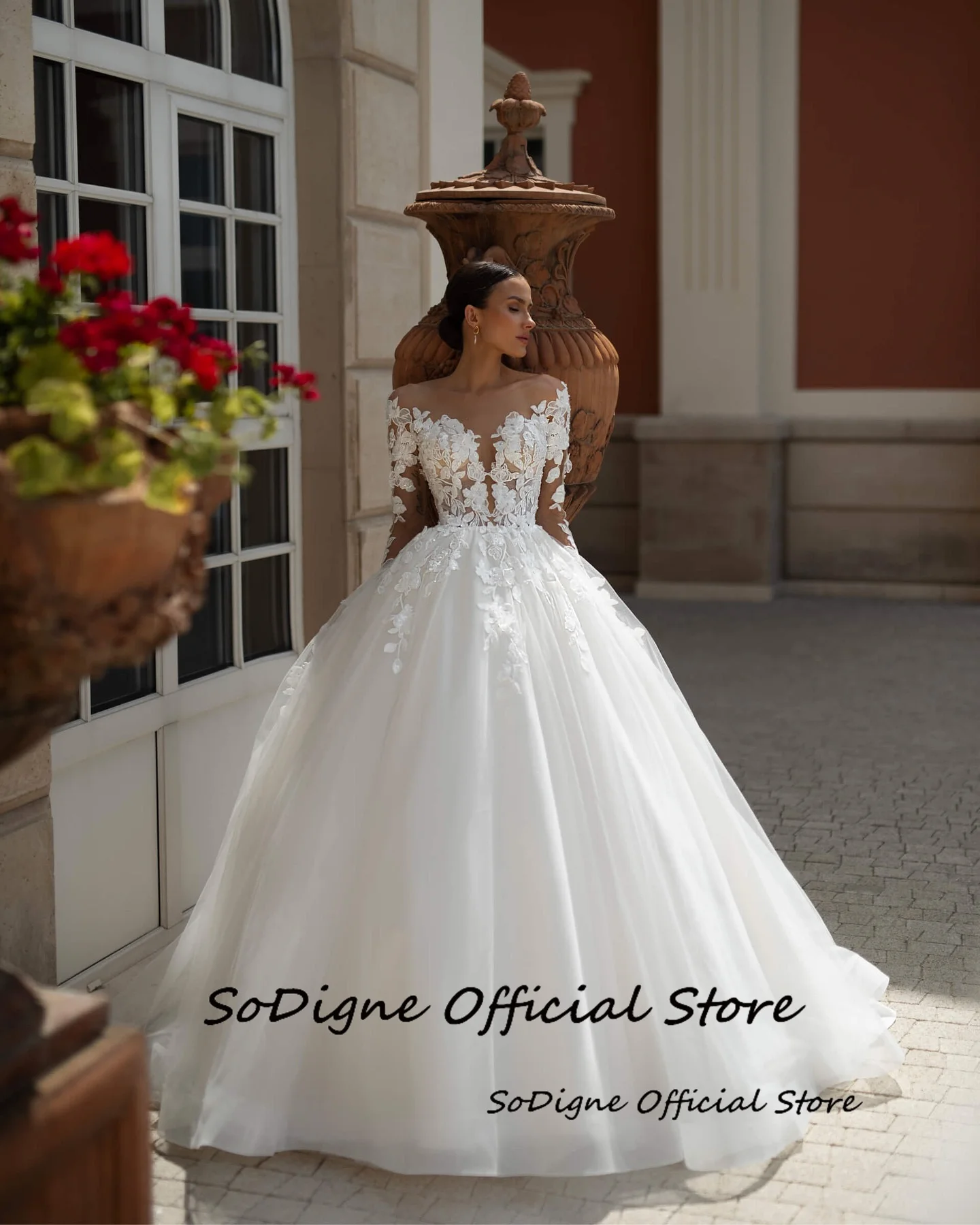 SoDigne A-line Lace Appliques Wedding Dresses Off Shoulder Tulle Bridal Dress Long Wedding Gown Robe De Mairee Customized 