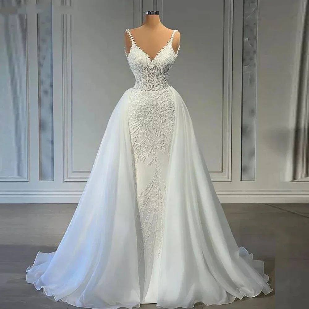 Flavinke Customized V Neck Mermaid Lace Wedding Dresses Sleeveless Illusion Beaded Satin Bridal Gowns With Detachable Train