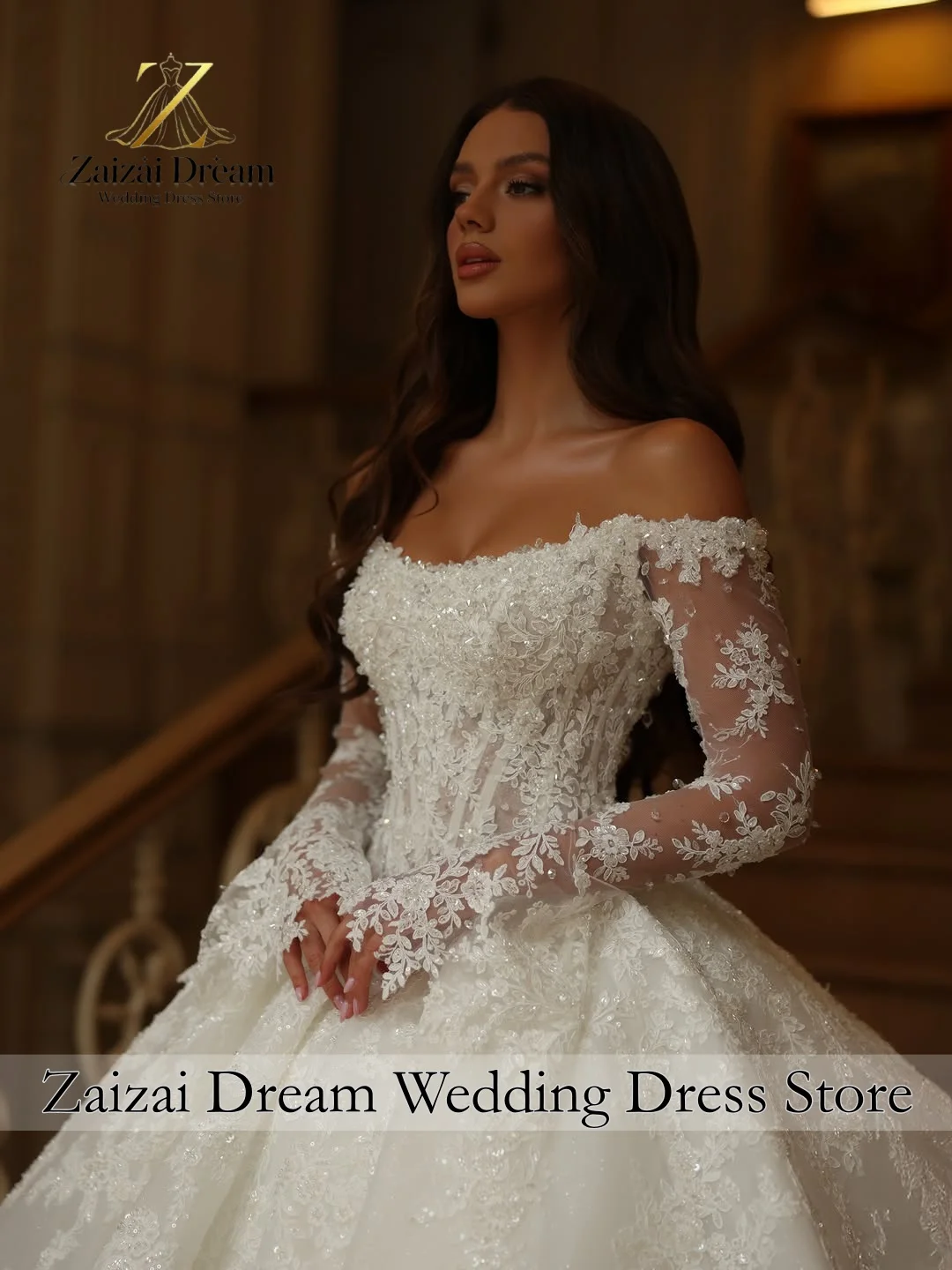 Customzied Luxury Off Shoulder Wedding Dress Long Sleeves Ball Gown Princess Bridal Gown with Cathedral Train Vestido De Novia
