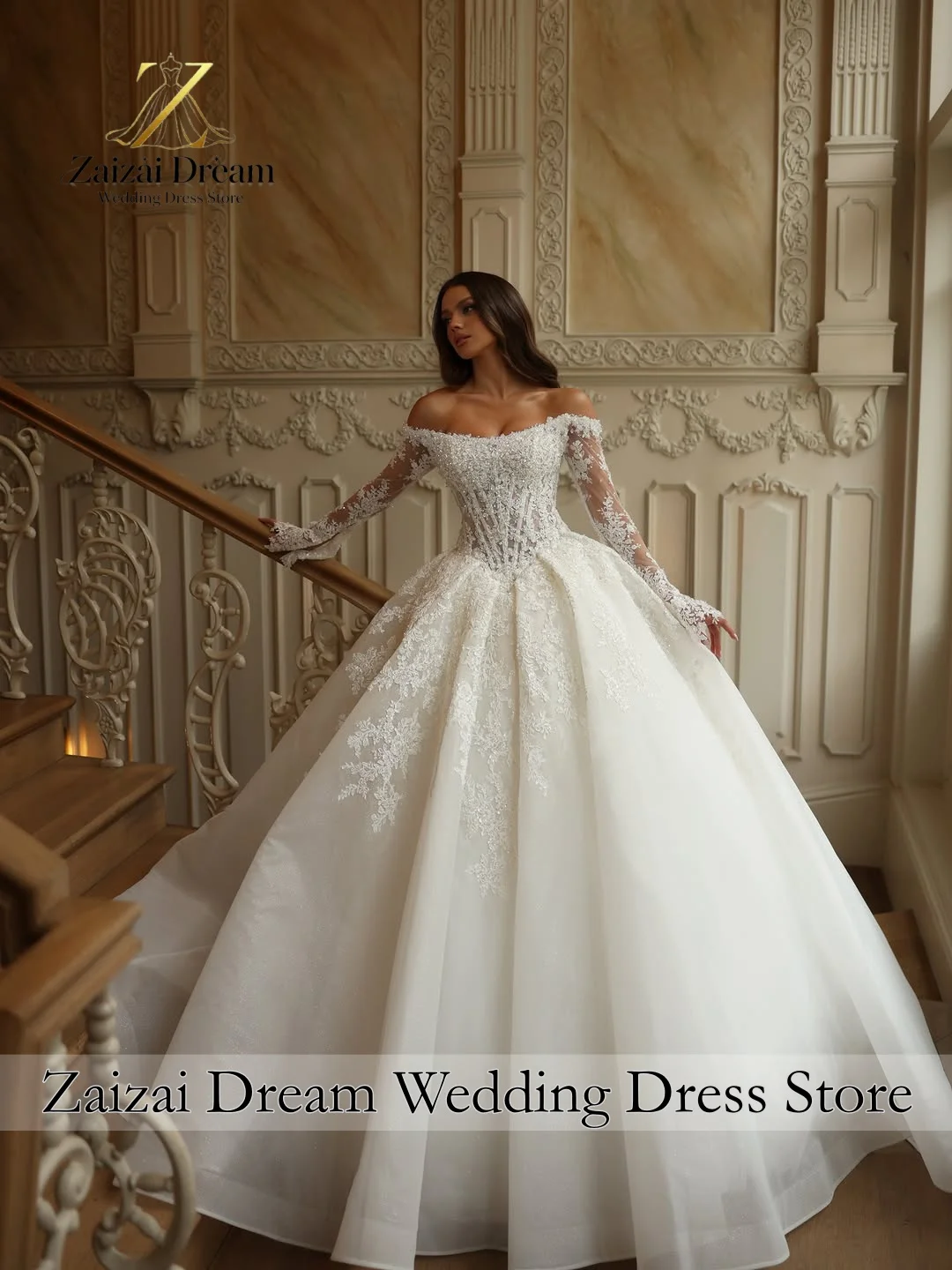 Customzied Luxury Off Shoulder Wedding Dress Long Sleeves Ball Gown Princess Bridal Gown with Cathedral Train Vestido De Novia