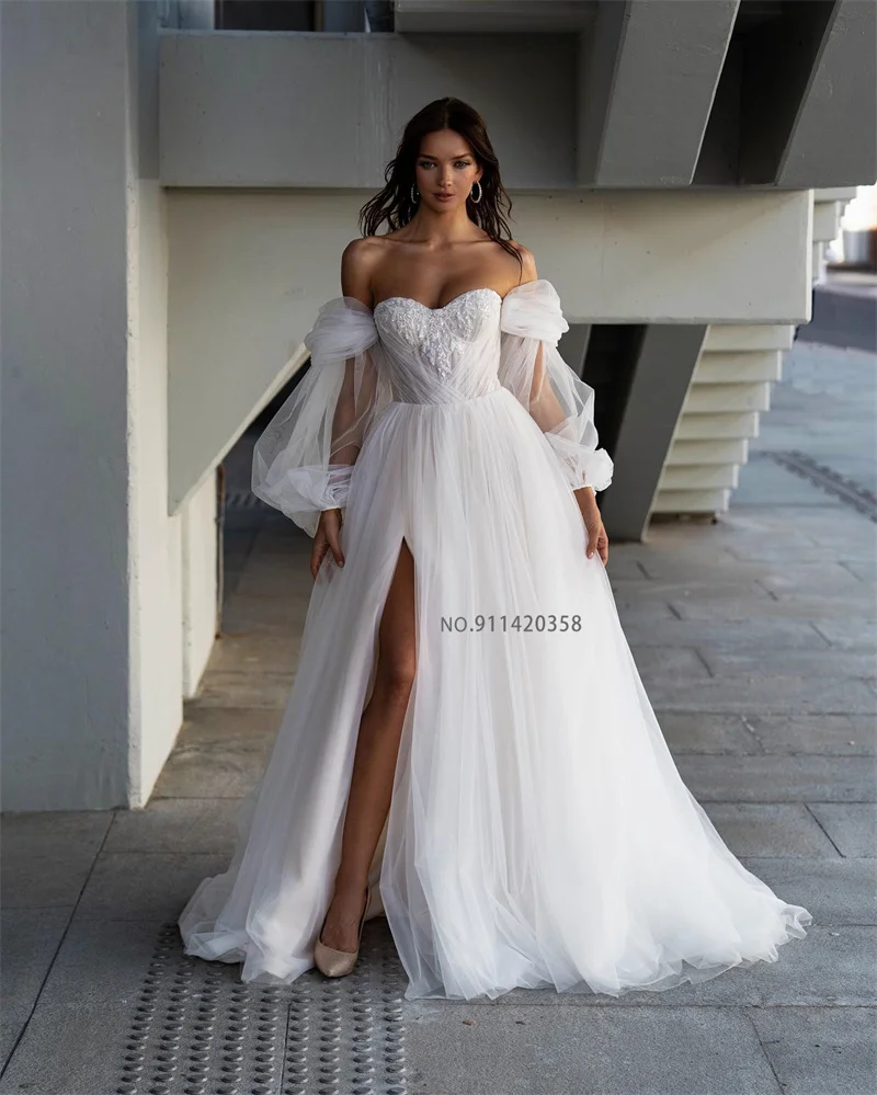 Customized Mordern Sweetheart Neck A-Line Wedding Dresses Off the Shoulder Puff Sleeves Lace Appliques Bridal Gowns Vestidos De