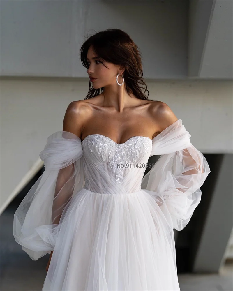 Customized Mordern Sweetheart Neck A-Line Wedding Dresses Off the Shoulder Puff Sleeves Lace Appliques Bridal Gowns Vestidos De