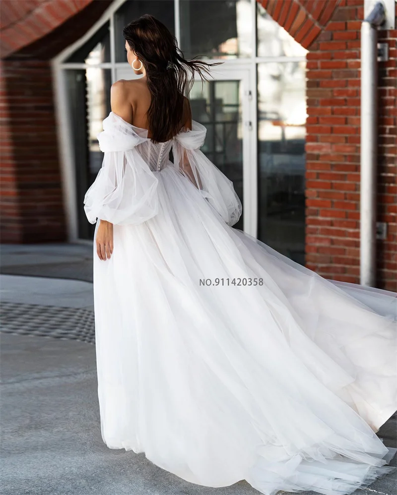 Customized Mordern Sweetheart Neck A-Line Wedding Dresses Off the Shoulder Puff Sleeves Lace Appliques Bridal Gowns Vestidos De