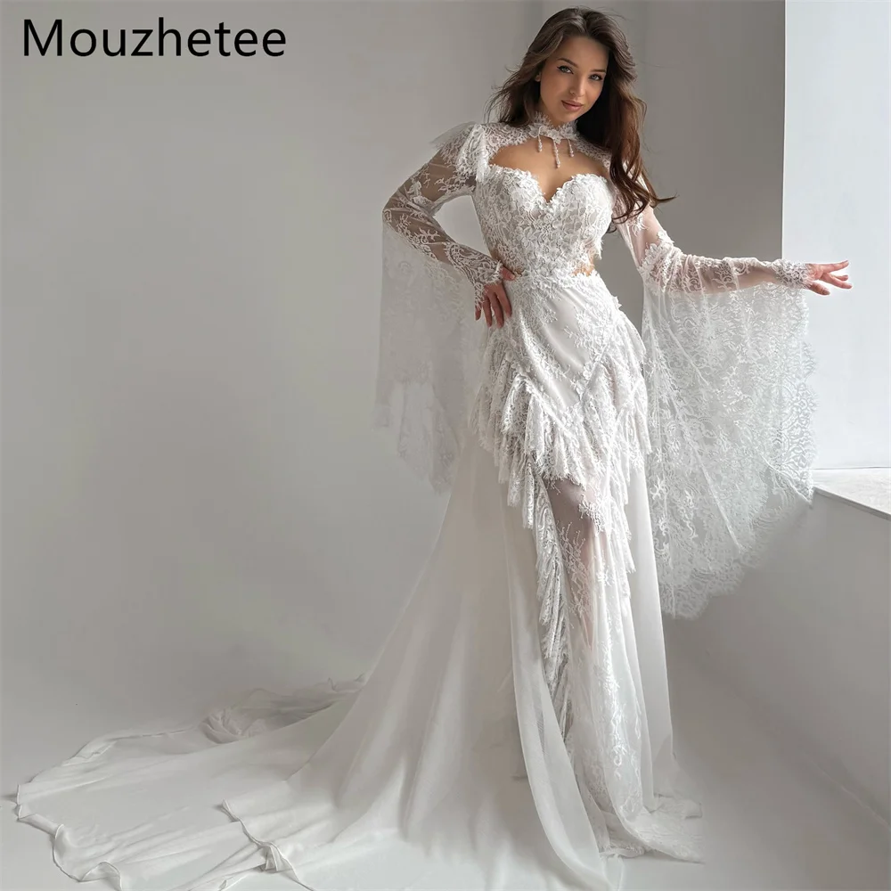 Mouzhetee A-Line Elegant Backless Lace Appliques Wedding Dresses Long Sleeve Brides Gown Custom Made 2026