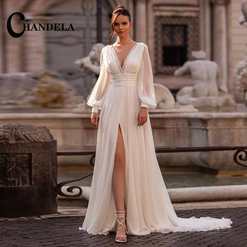 CHANDELA Charming V neck Wedding Dress Bridal Off the Shoulder Lace Appliques Zipper Pleats Vestidos Para Mujer Customised
