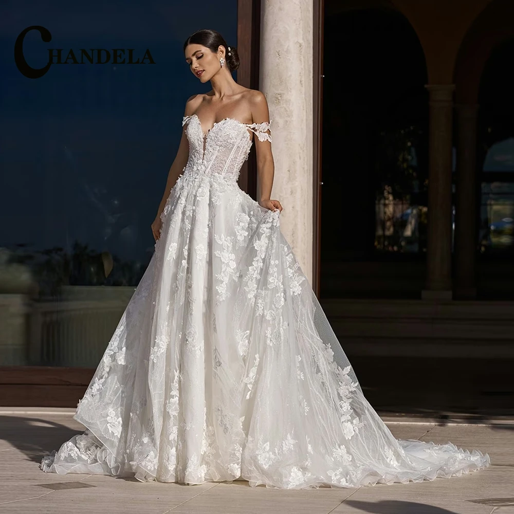 CHANDELA Charming V neck Wedding Dress Bridal Off the Shoulder Lace Appliques Zipper Pleats Vestidos Para Mujer Customised