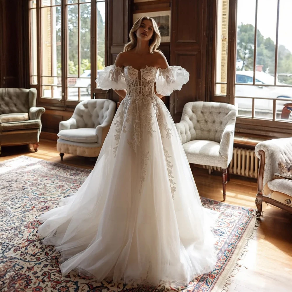 Customized Puff Sleeve Lace Wedding Dress A Line Floral Embroidery Tulle Bridal Dress For Sophisticated Bridal Ceremonies