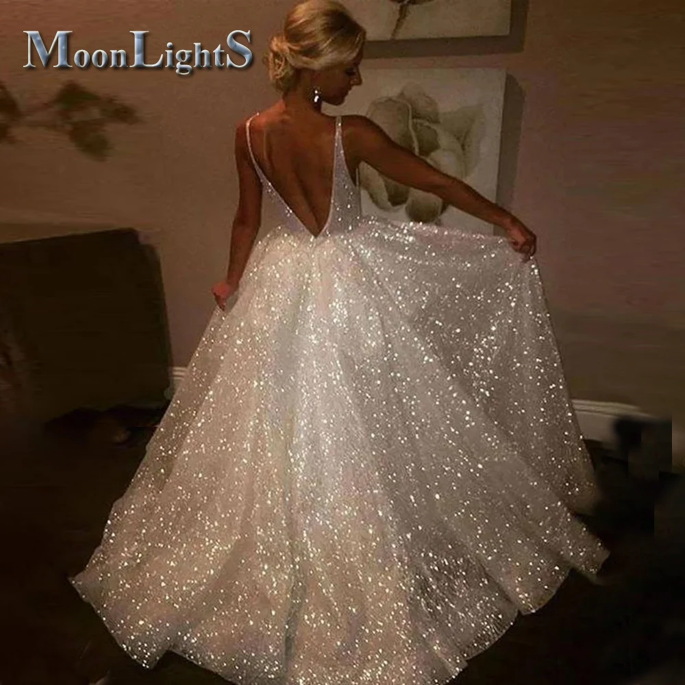 Moonlight Glitter Women's Wedding Dress v neck tailoring Backless wedding dresses gelinlik Arabic Bridal Gown Customized Plus