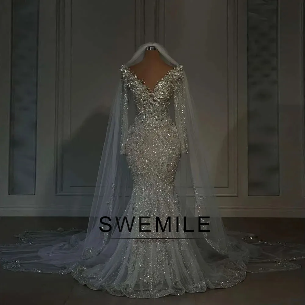 SWEMILE Glitter Beads 2026 Wedding Dresses Full Sleeve Mermaid Bridal Gown Appliques Vestidos De Novia Plus Size Customized
