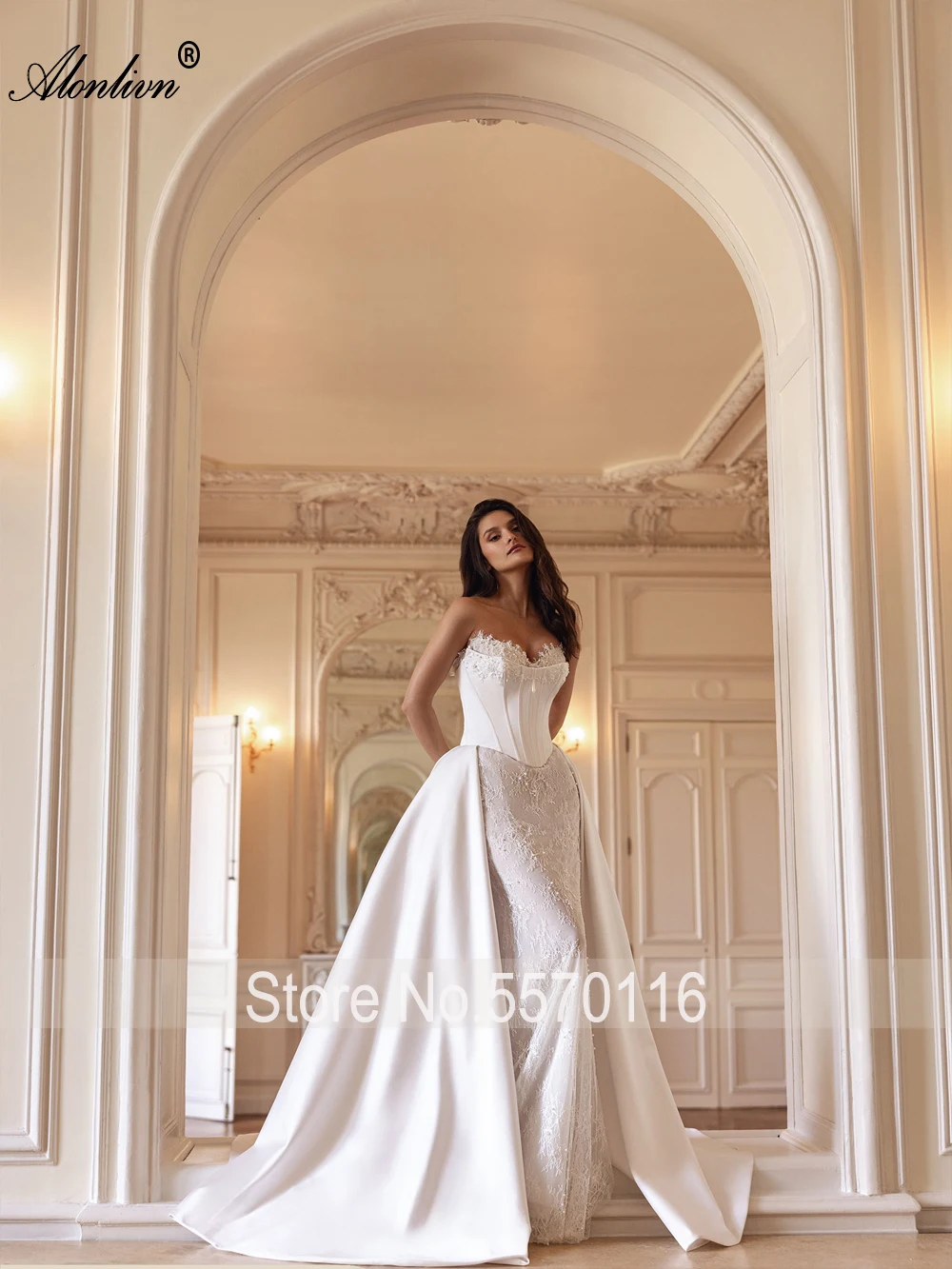 Alonlivn Custom Made Vintage 2 In 1 Mermaid Wedding Gowns Beauty Beaded Pearls Appliques Lace Sweetheart Trumpet Bridal Dresses