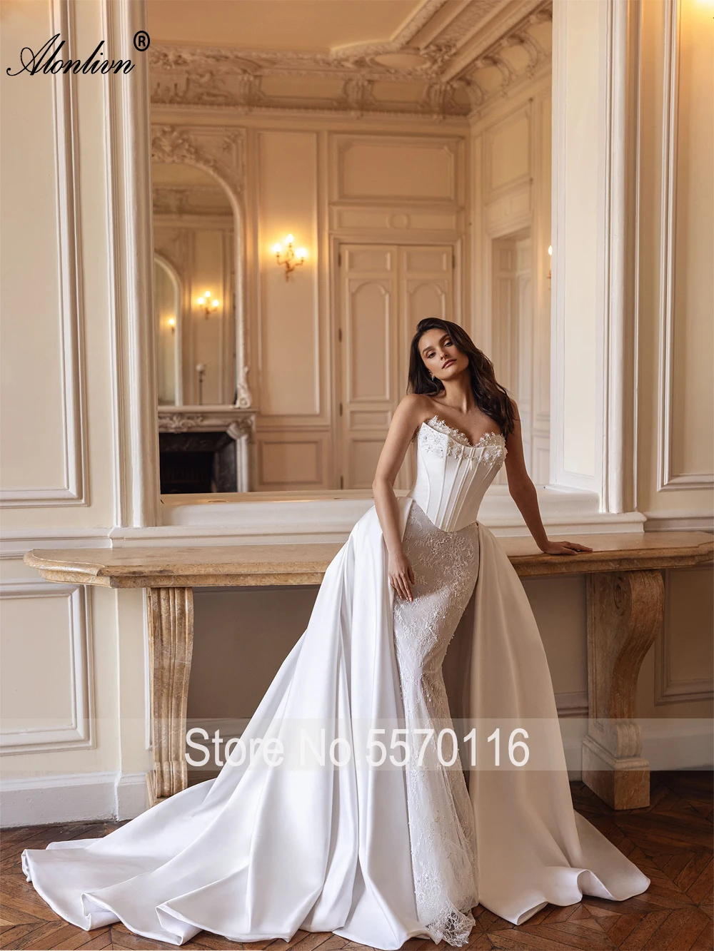 Alonlivn Custom Made Vintage 2 In 1 Mermaid Wedding Gowns Beauty Beaded Pearls Appliques Lace Sweetheart Trumpet Bridal Dresses