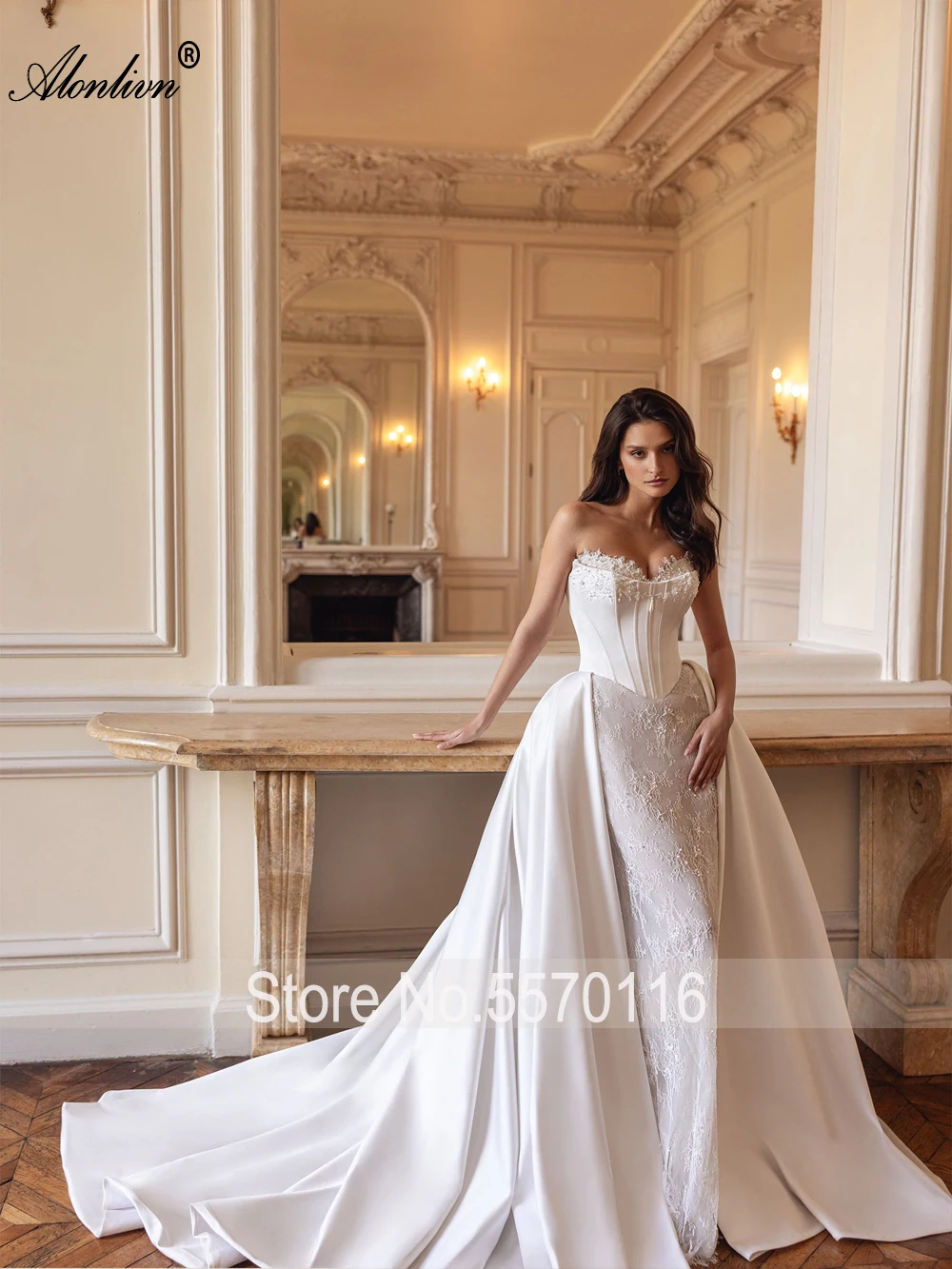Alonlivn Custom Made Vintage 2 In 1 Mermaid Wedding Gowns Beauty Beaded Pearls Appliques Lace Sweetheart Trumpet Bridal Dresses