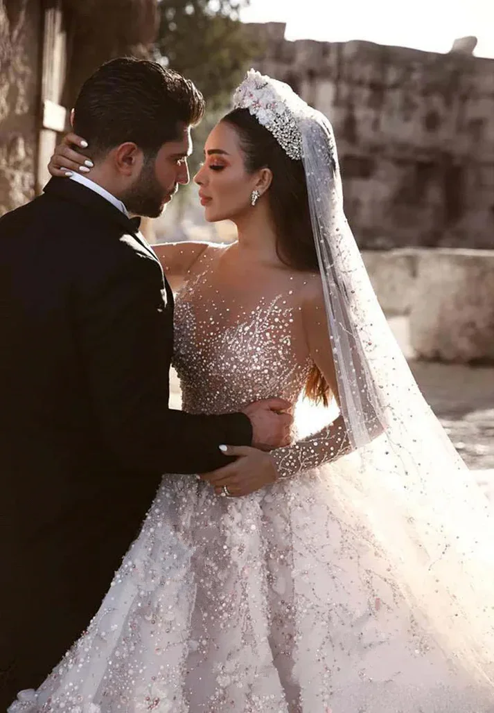 2025 Luxury Dubai Arabic Beading Princess Wedding Dress Lace Floral Ball Gowns Long Sleeves Bridal Gowns Sweep Train Customised