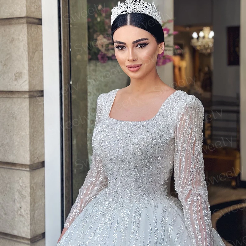 Exquisite Wedding Dress With Embroidery Bead Princess Ball Gown Full Sleeve Square Collar Lace Up Customized Vestido De Novia