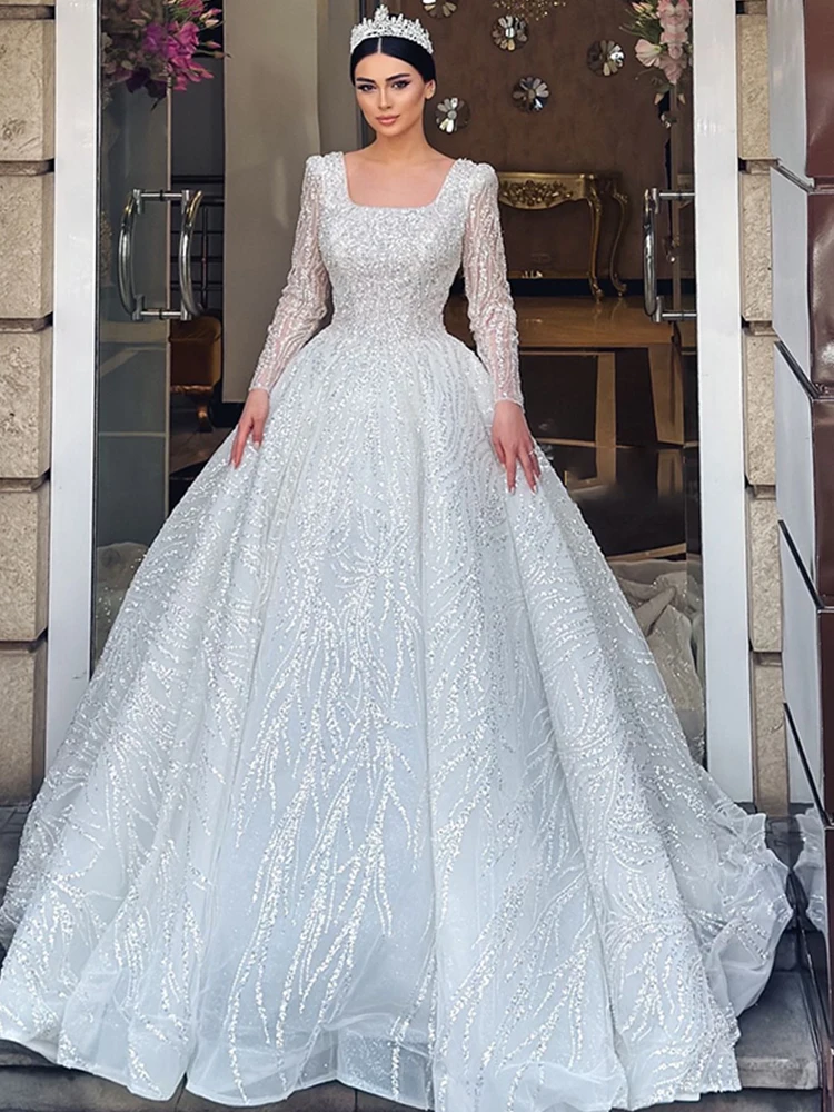 Exquisite Wedding Dress With Embroidery Bead Princess Ball Gown Full Sleeve Square Collar Lace Up Customized Vestido De Novia