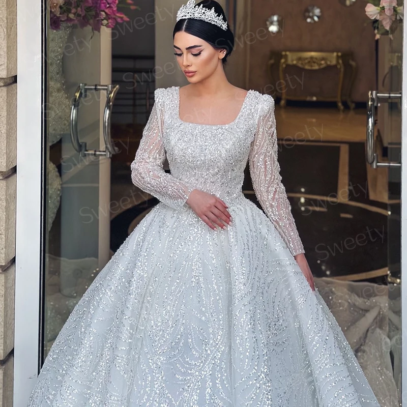 Exquisite Wedding Dress With Embroidery Bead Princess Ball Gown Full Sleeve Square Collar Lace Up Customized Vestido De Novia