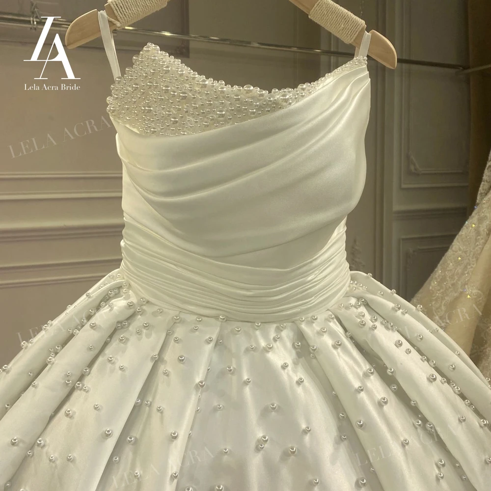 LelaAcra Pearls Satin Wedding Dresses for Women 2026 Sleeveless Court Train Princess Bride Gowns XZ41 Plus Size Vestido De Noiva