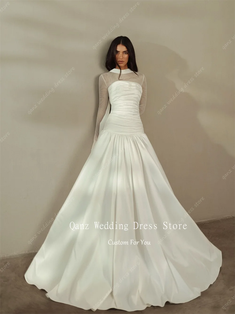 Qanz Classic Women Wedding Ivory Long Robes De Soirée 2 Pieces Strapless Sheer Long Sleeves Pleat Bridal Gowns Customized