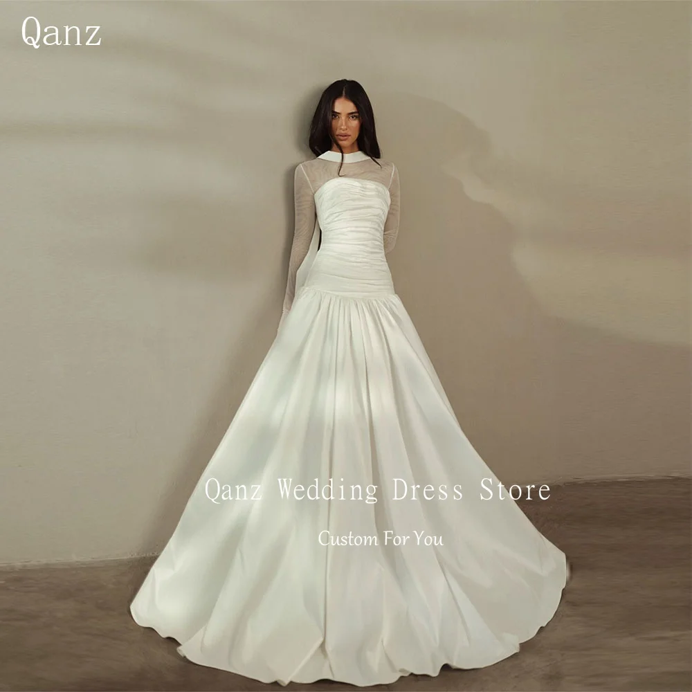 Qanz Classic Women Wedding Ivory Long Robes De Soirée 2 Pieces Strapless Sheer Long Sleeves Pleat Bridal Gowns Customized