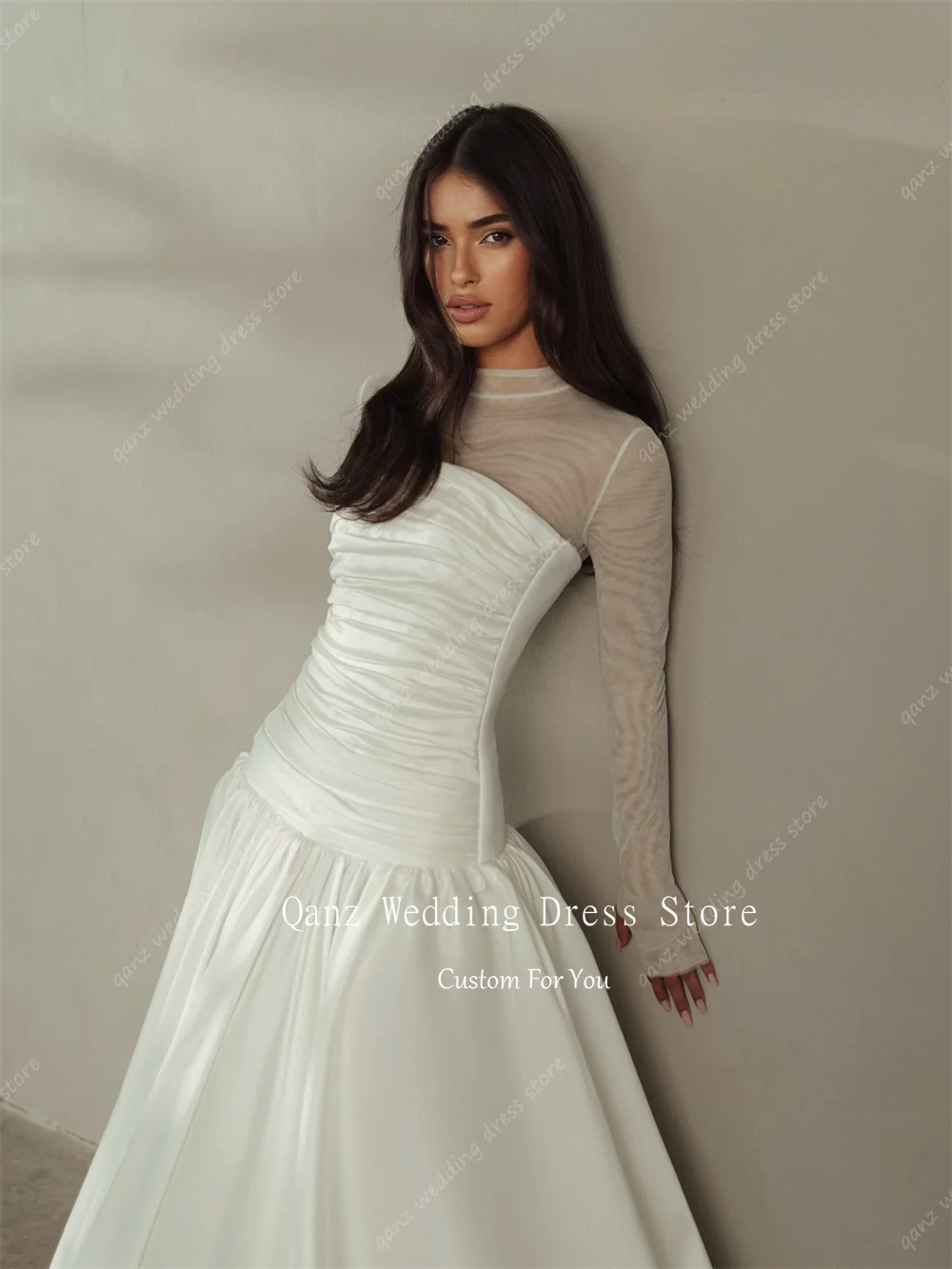 Qanz Classic Women Wedding Ivory Long Robes De Soirée 2 Pieces Strapless Sheer Long Sleeves Pleat Bridal Gowns Customized