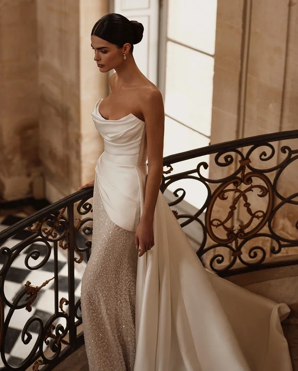 Customized Simple Strapless Mermaid WeddingDress Shiny Sequin Beading Satin Detachable Train Pleat Bridal Gown Vestido De Novia