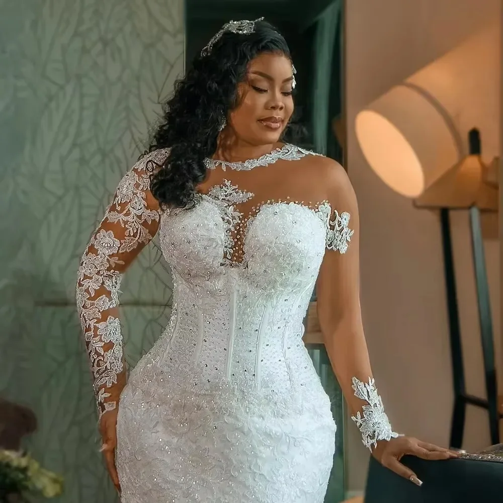 Customized Sexy Arabic Mermaid Wedding Dresses Sheer Neck Lace Applique Beads Long Sleeves Removable Tail Formal Bridal Gown