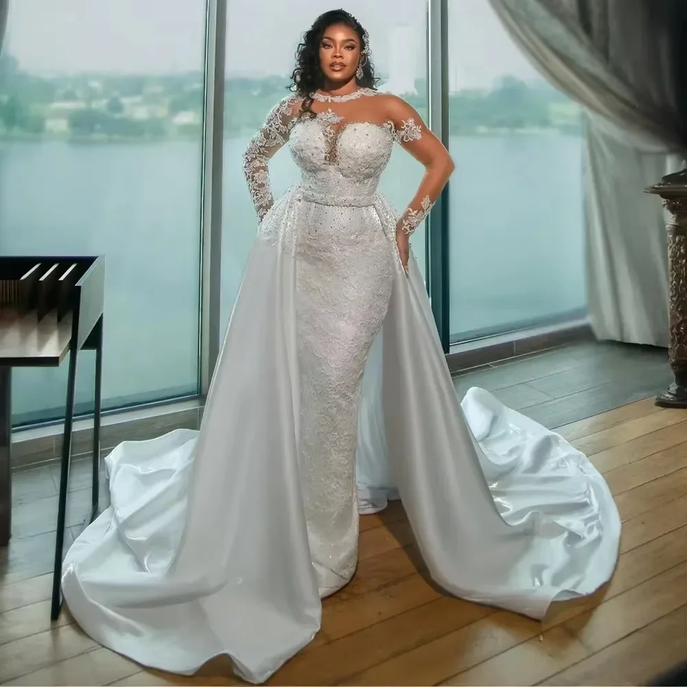 Customized Sexy Arabic Mermaid Wedding Dresses Sheer Neck Lace Applique Beads Long Sleeves Removable Tail Formal Bridal Gown