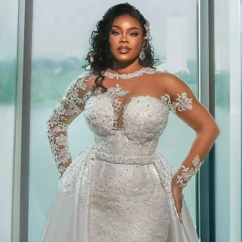 Customized Sexy Arabic Mermaid Wedding Dresses Sheer Neck Lace Applique Beads Long Sleeves Removable Tail Formal Bridal Gown