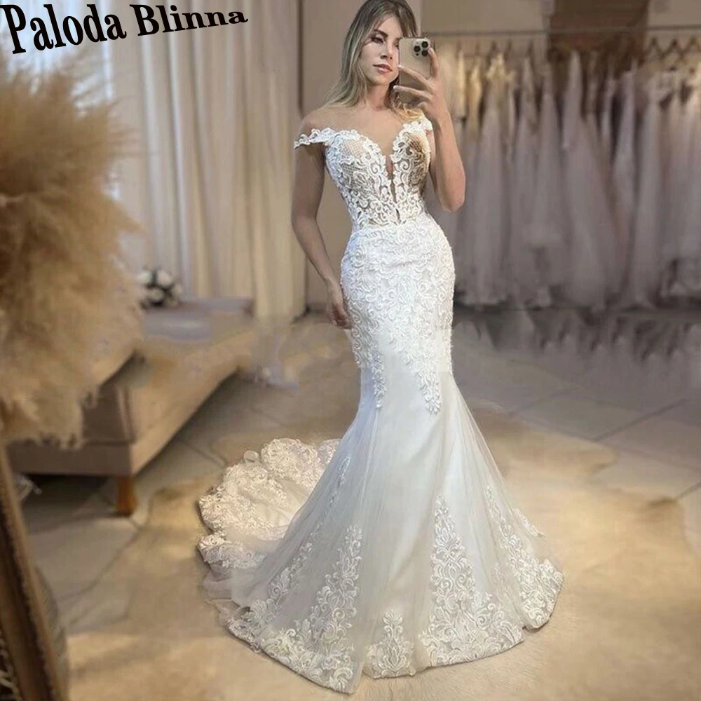 Paloda Glamorous Appliques Trumpet Wedding Dresses For Bride Court Train Off The Shoulder Tulle Short Sleeves Backless V-Neck