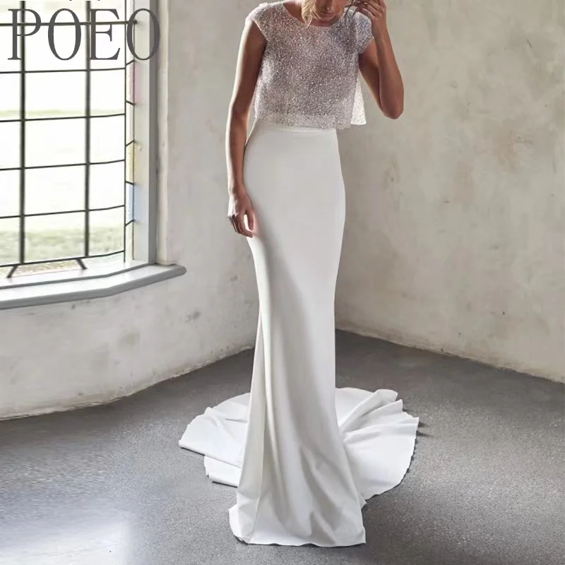 Paloda Glamorous Appliques Trumpet Wedding Dresses For Bride Court Train Off The Shoulder Tulle Short Sleeves Backless V-Neck